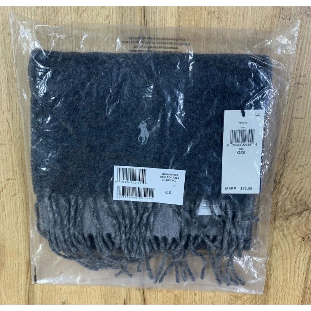 Polo Ralph Lauren Italian Wool Blend Knit Solid Charcoal Men's Fringe Scarf NWT